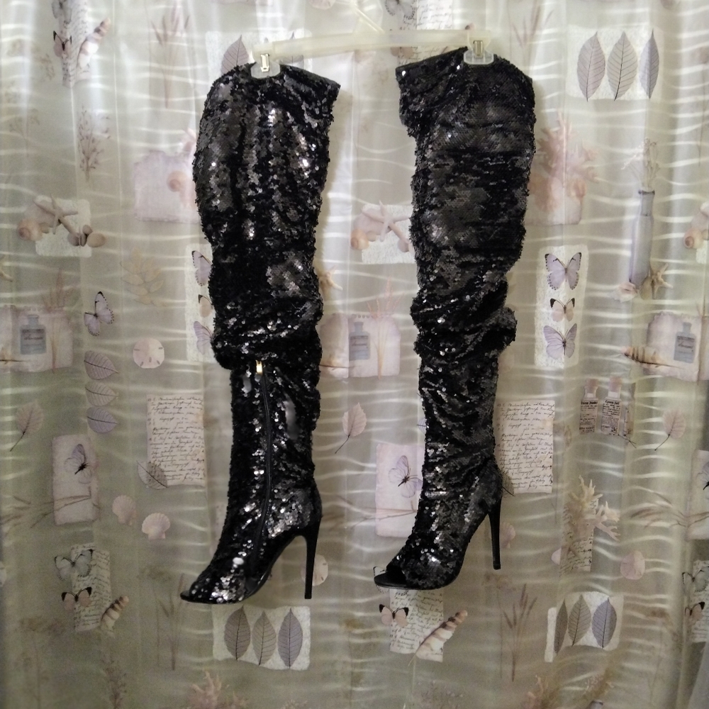 CAMSSOO Thigh High Sequins Over The Knee Open Toe Stiletto Boots - Picture 3 of 15